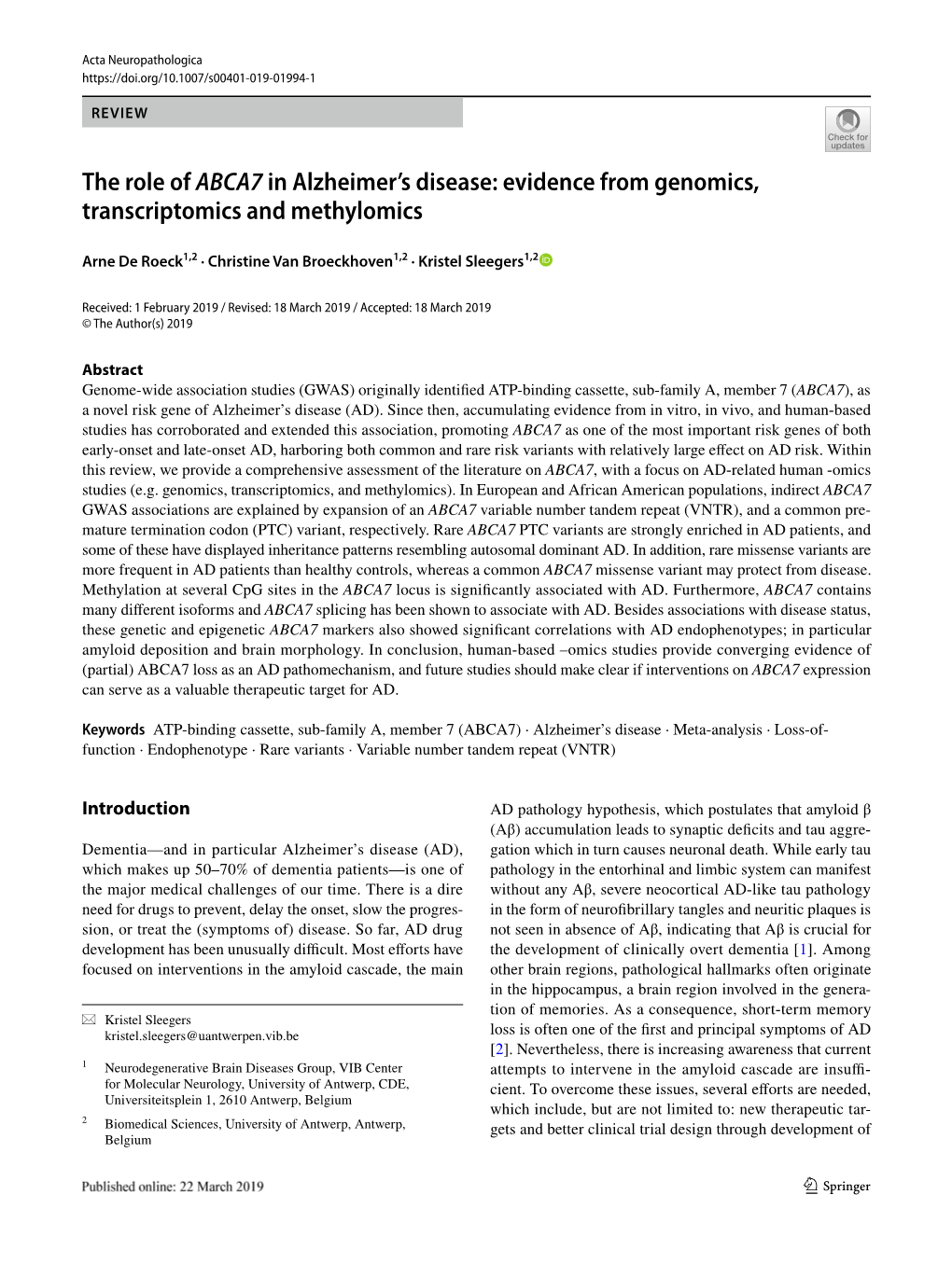 The Role of ABCA7 in Alzheimer's Disease: Evidence from Genomics