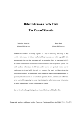 Referendum As a Party Tool: the Case of Slovakia
