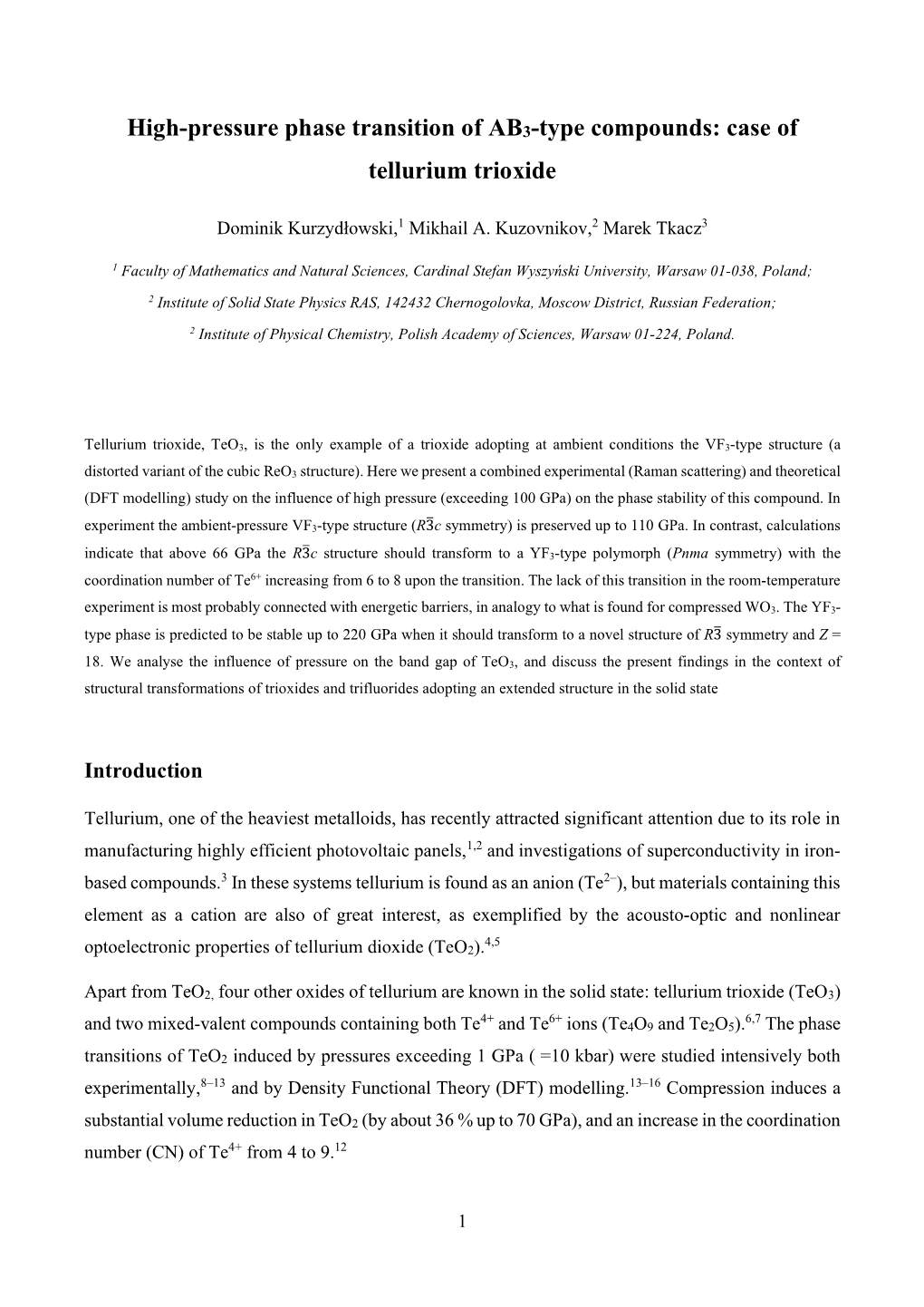 High-Pressure Phase Transition of AB3-Type Compounds: Case of Tellurium Trioxide