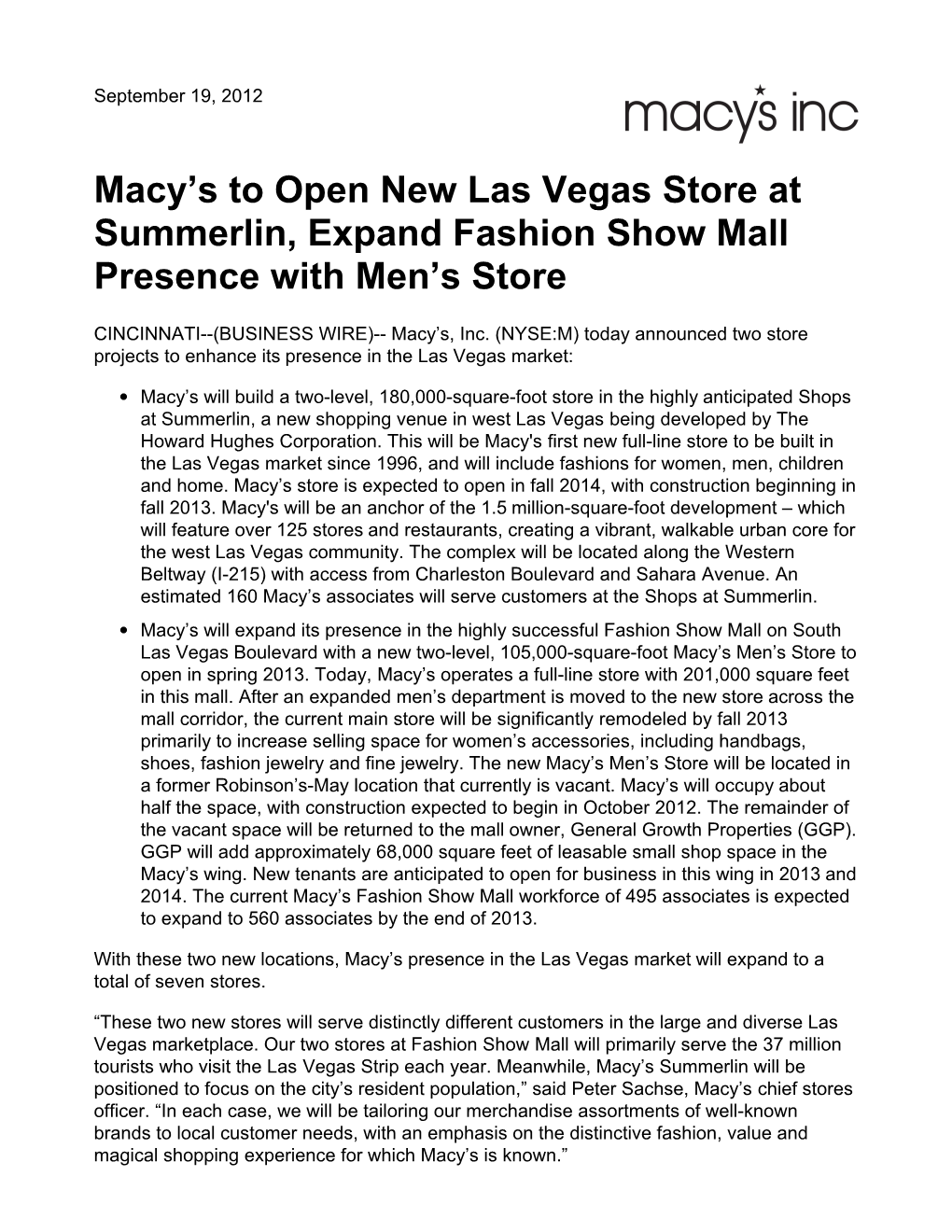 Macy's to Open New Las Vegas Store at Summerlin