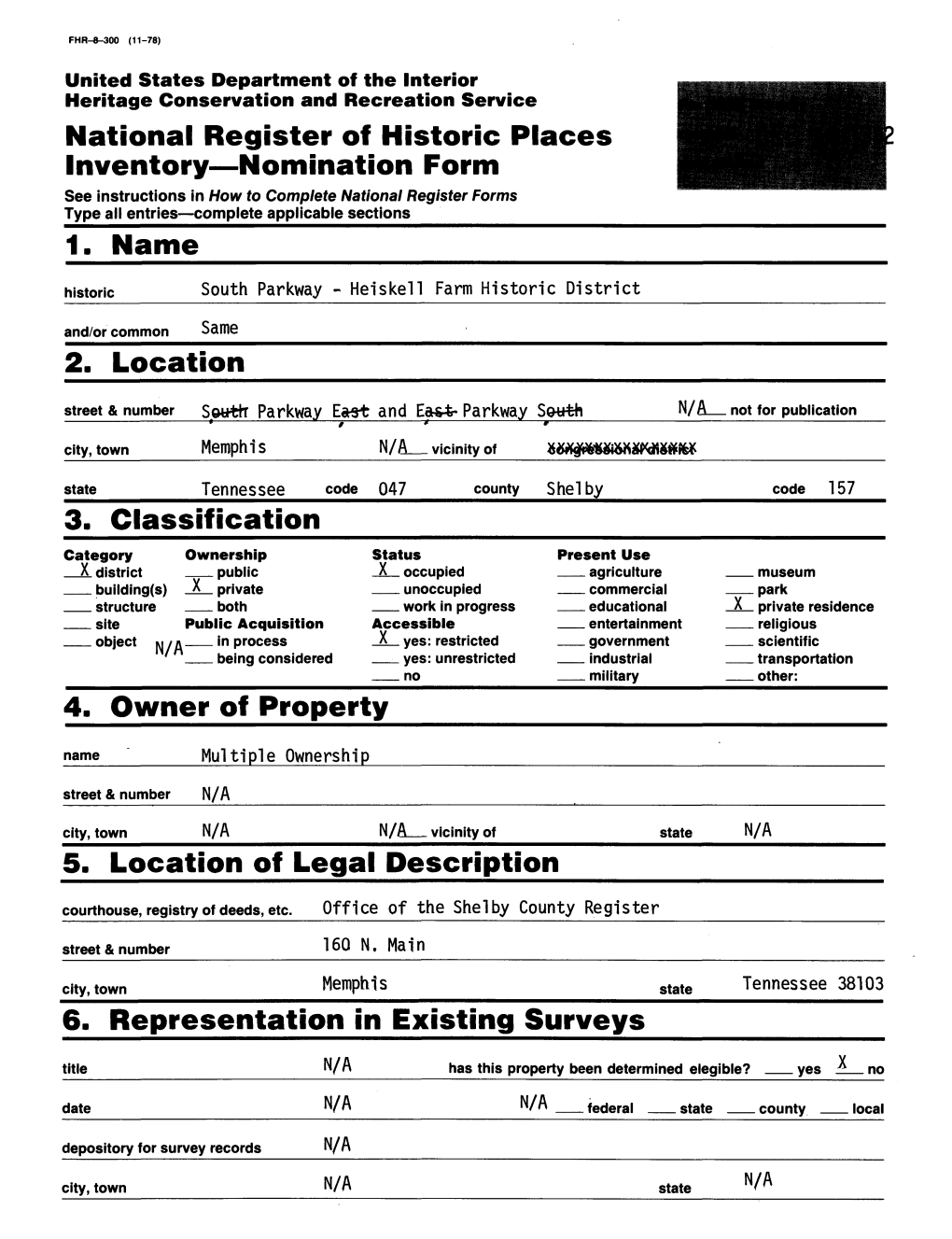 National Register of Historic Places Inventory—Nomination Form 1. Name 2. Location 3. Classification 4. Owner of Property 5. L