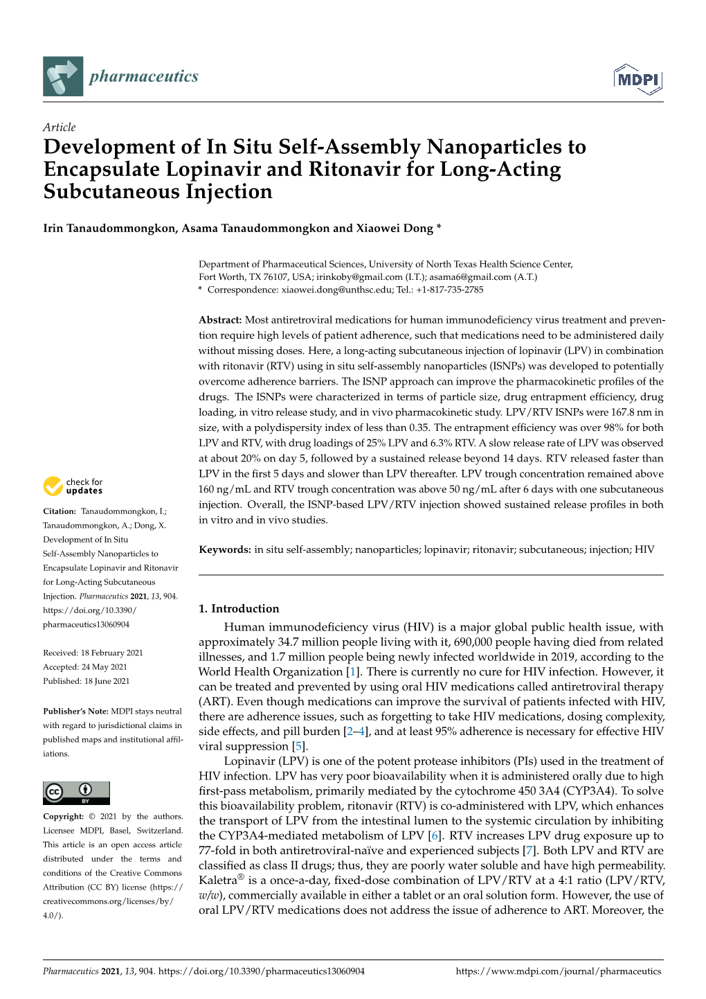 Development of in Situ Self-Assembly Nanoparticles to Encapsulate Lopinavir and Ritonavir for Long-Acting Subcutaneous Injection