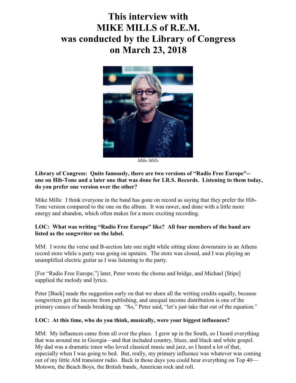 Interview with MIKE MILLS of R.E.M. Was Conducted by the Library of Congress on March 23, 2018