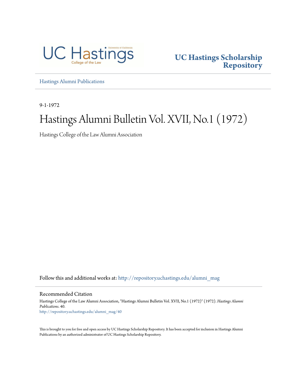 Hastings Alumni Bulletin Vol. XVII, No.1 (1972) Hastings College of the Law Alumni Association
