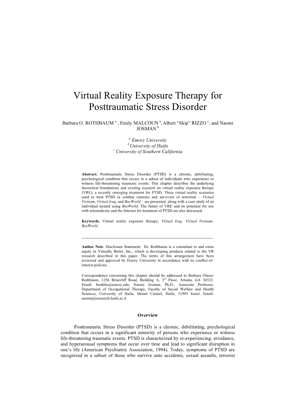 Virtual Reality Exposure Therapy for Posttraumatic Stress Disorder