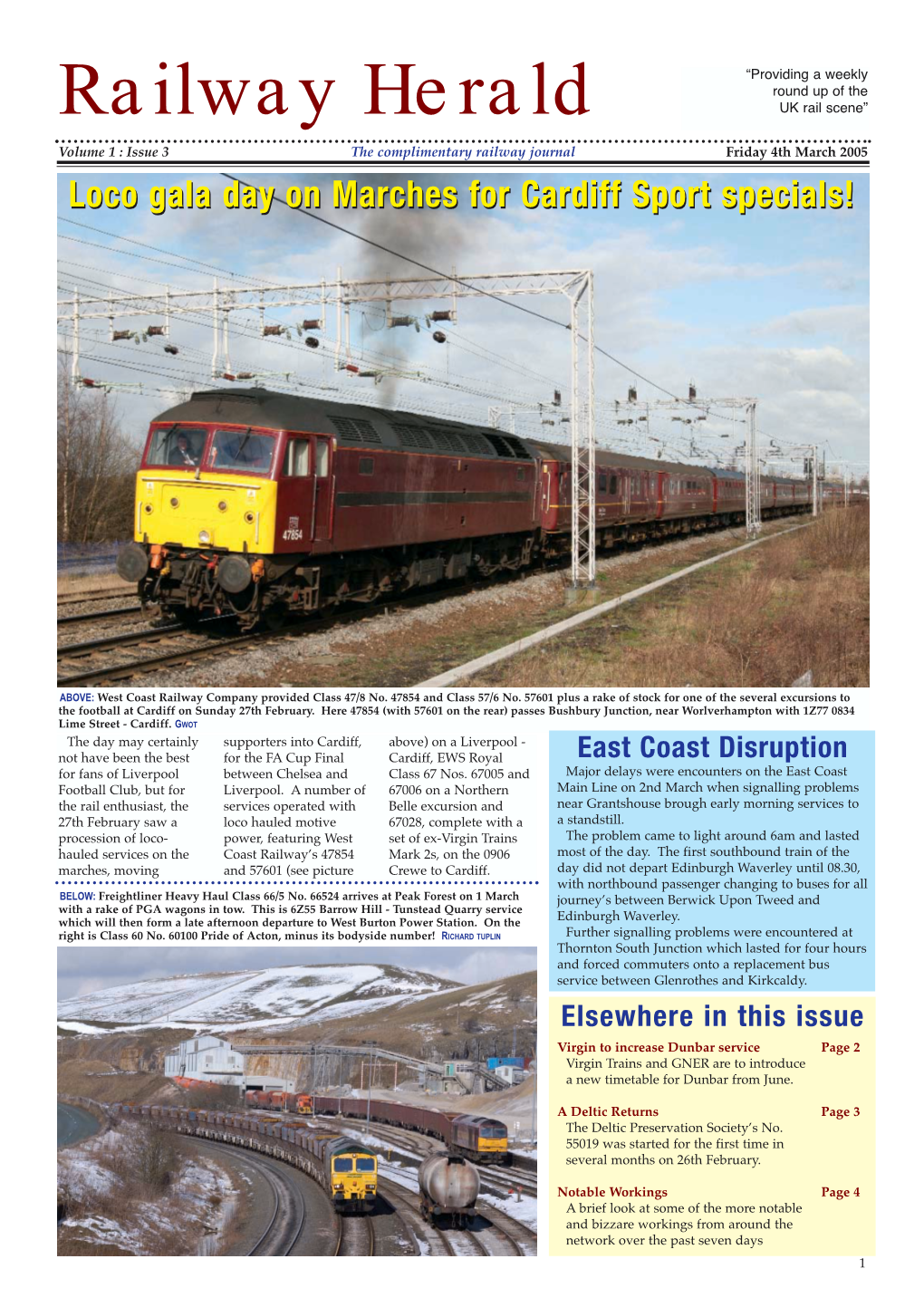 Issue 3 the Complimentary Railway Journal Friday 4Th March 2005 Loco Gala Day on Marches for Cardiff Sport Specials!