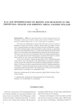 K-Ar AGE DETERMINATION on BIOTITE and MUSCOVITE in the PIHTIPUDAS-IISALMI and JOROINEN AREAS, EASTERN FINLAND