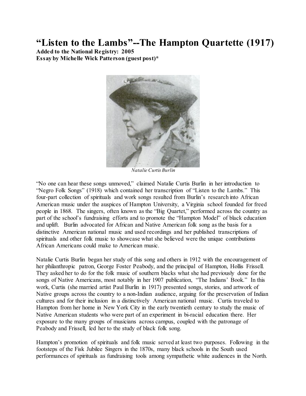 Listen to the Lambs”--The Hampton Quartette (1917) Added to the National Registry: 2005 Essay by Michelle Wick Patterson (Guest Post)*