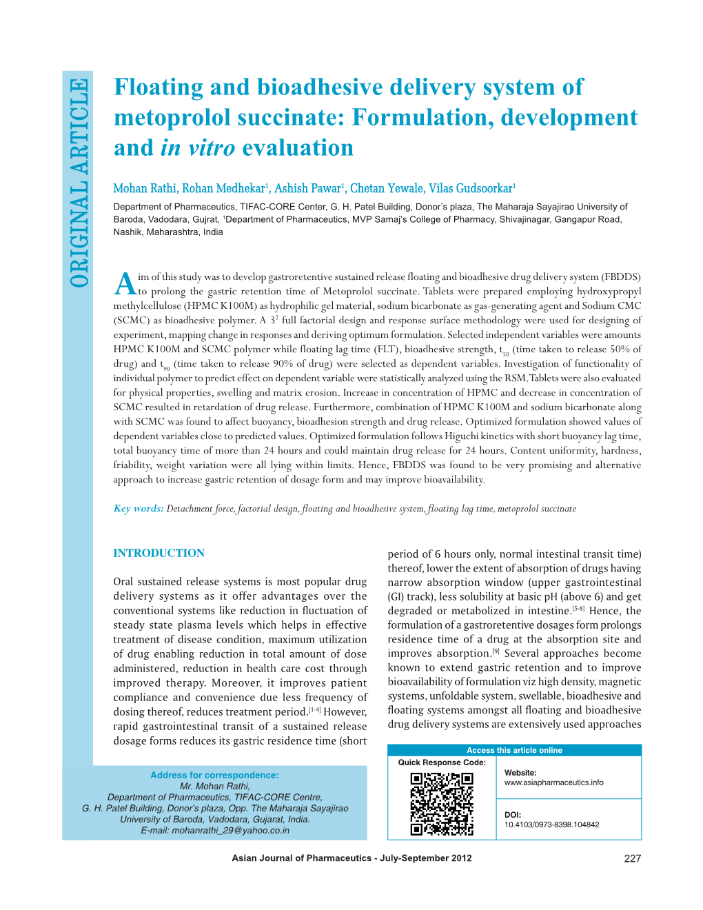 Floating and Bioadhesive Delivery System of Metoprolol Succinate: Formulation, Development and in Vitro Evaluation