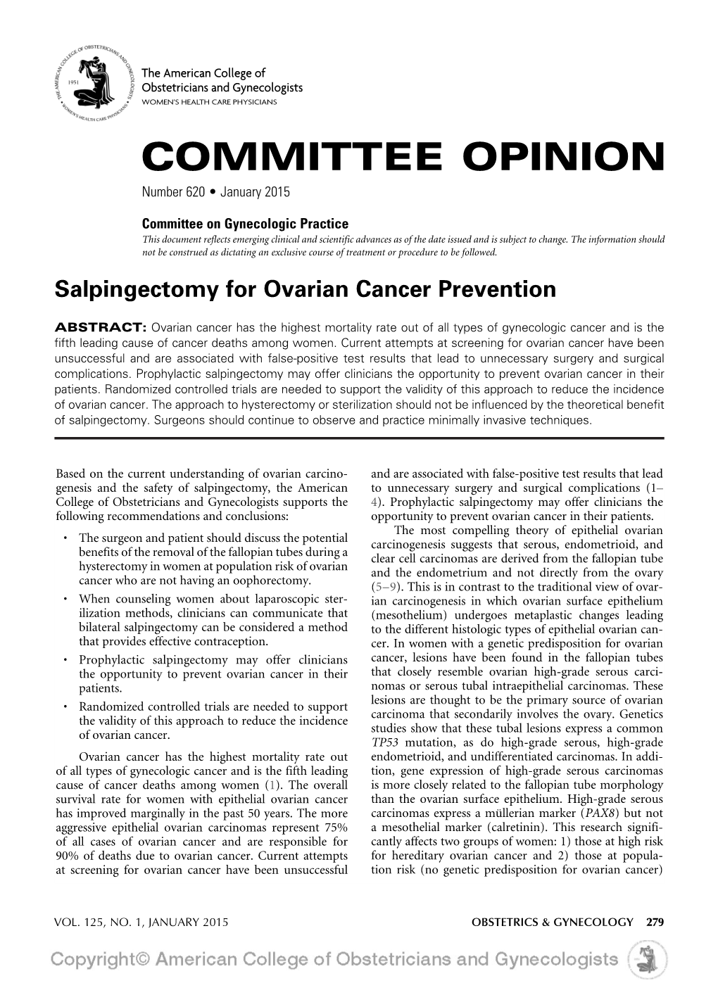 Salpingectomy for Ovarian Cancer Prevention