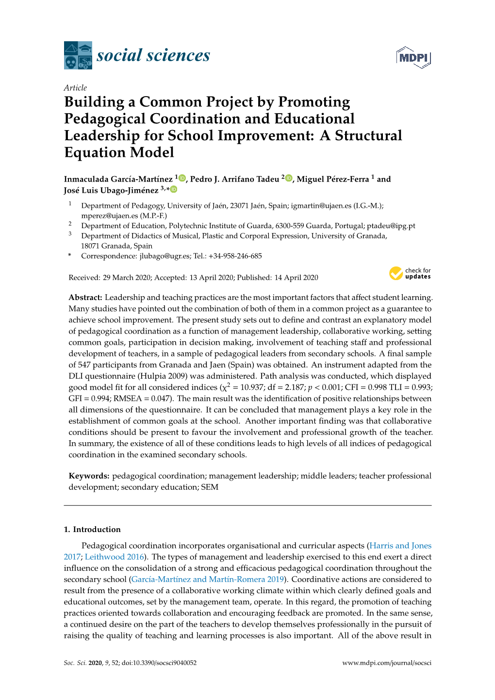 Building a Common Project by Promoting Pedagogical Coordination and Educational Leadership for School Improvement: a Structural Equation Model