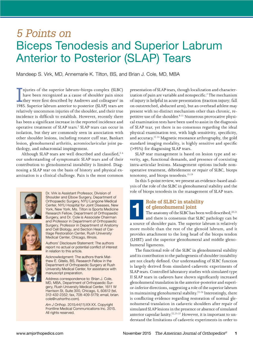 Biceps Tenodesis and Superior Labrum Anterior to Posterior (SLAP) Tears