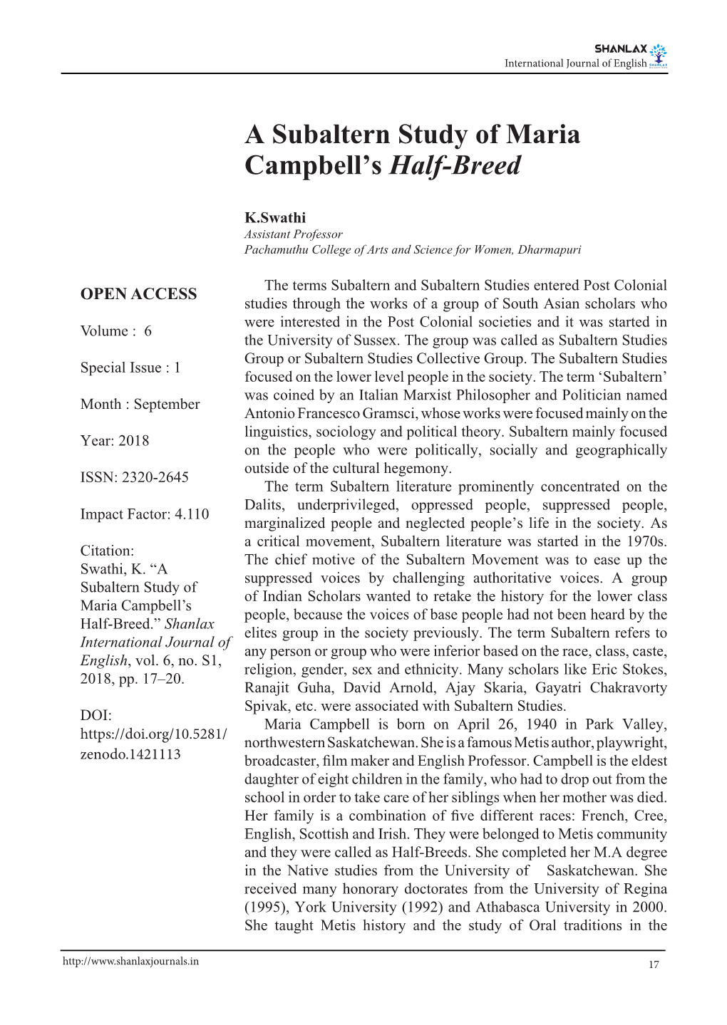 A Subaltern Study of Maria Campbell's Half-Breed