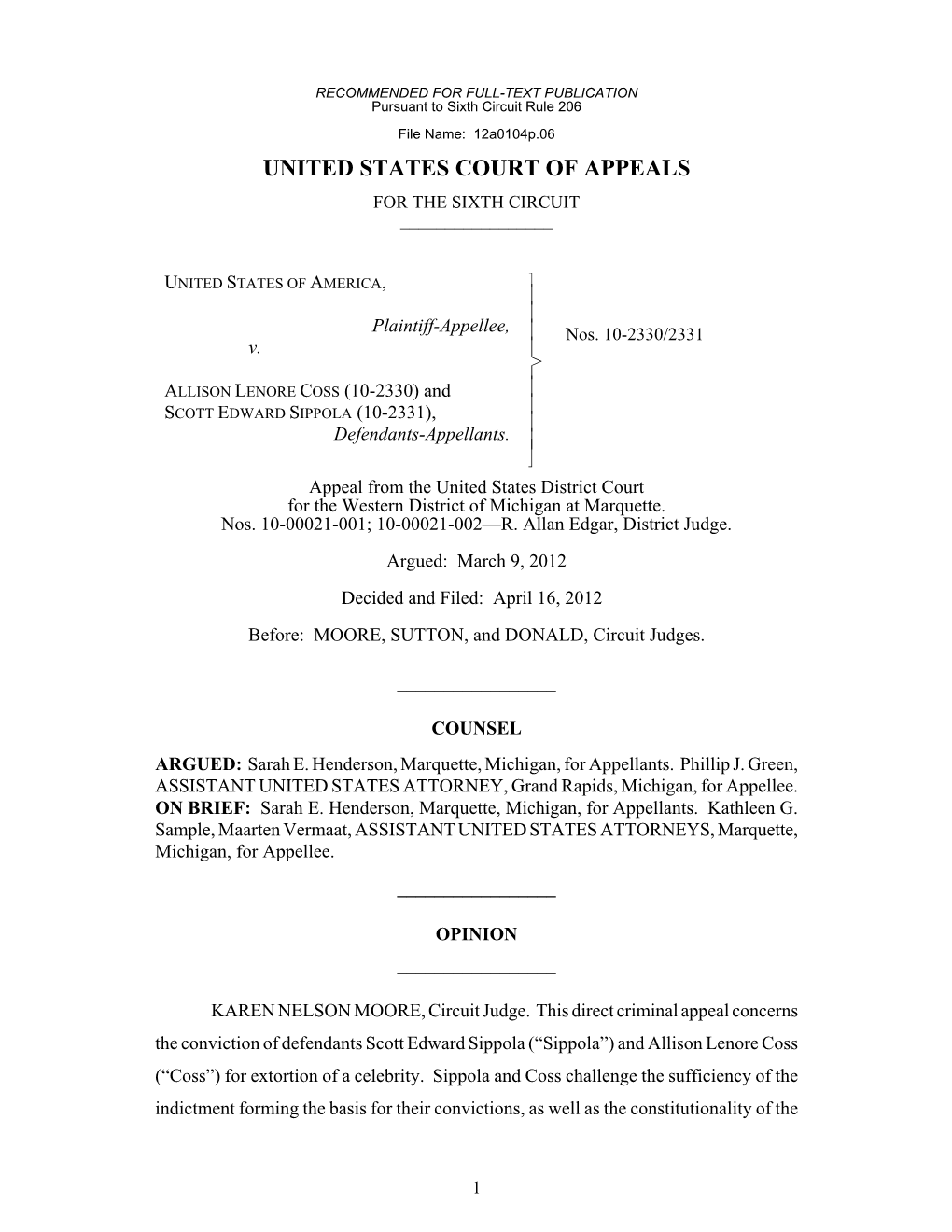 United States Court of Appeals for the Sixth Circuit ______