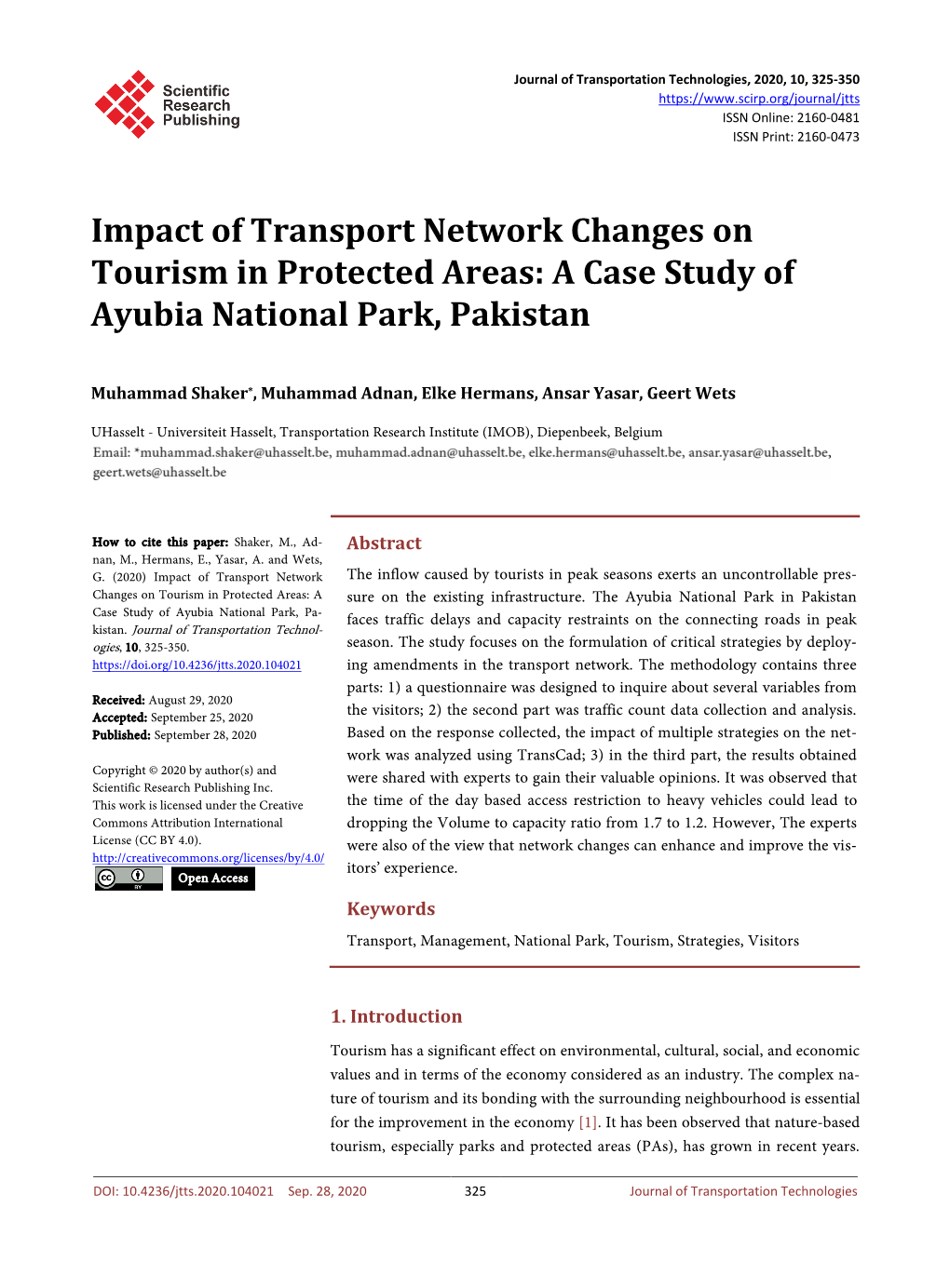 Impact of Transport Network Changes on Tourism in Protected Areas: a Case Study of Ayubia National Park, Pakistan