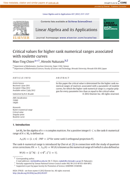 Critical Values for Higher Rank Numerical Ranges Associated with Roulette Curves ∗ Mao-Ting Chien A, ,1, Hiroshi Nakazato B,2