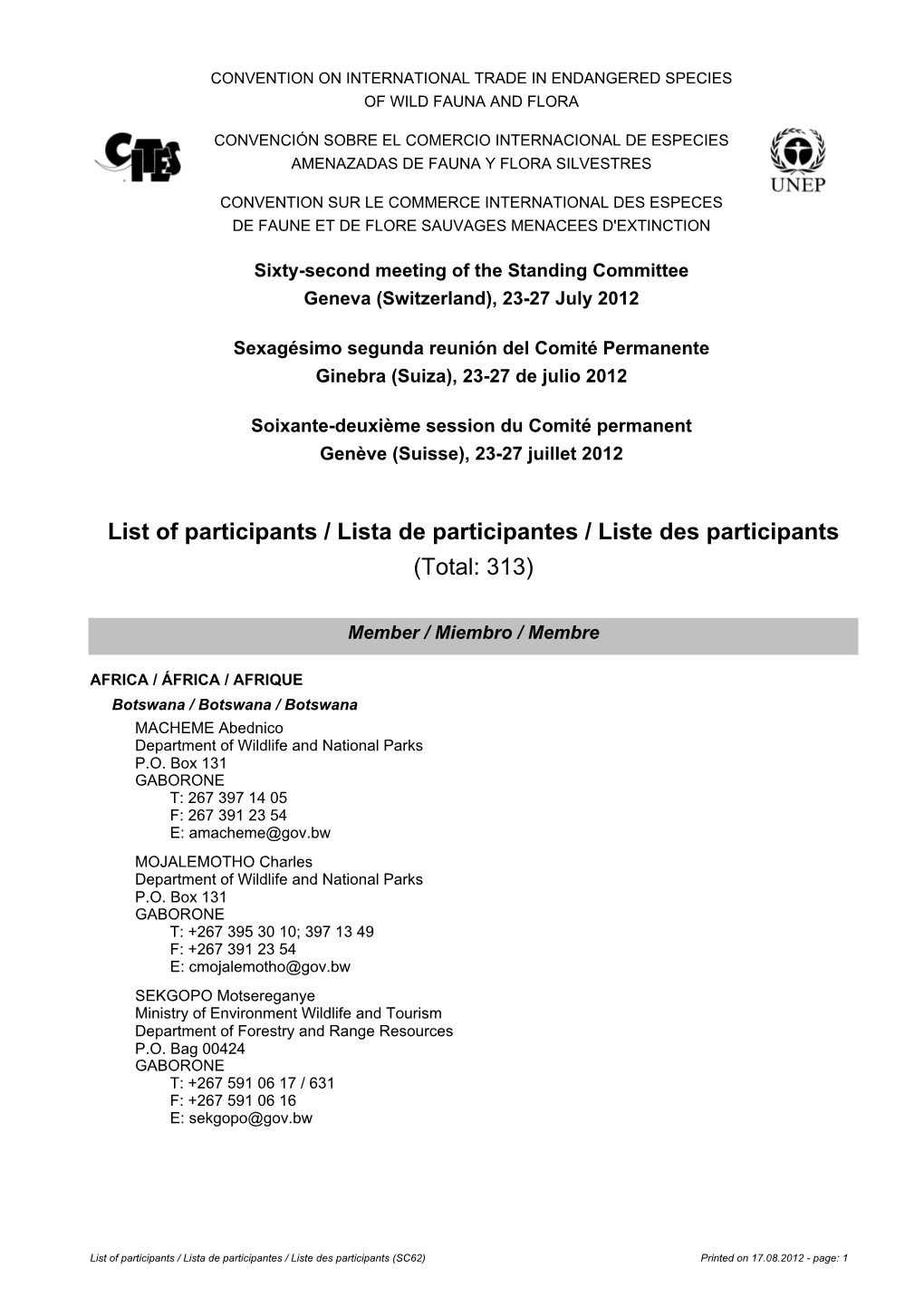 List of Participants / Lista De Participantes / Liste Des Participants (Total: 313)