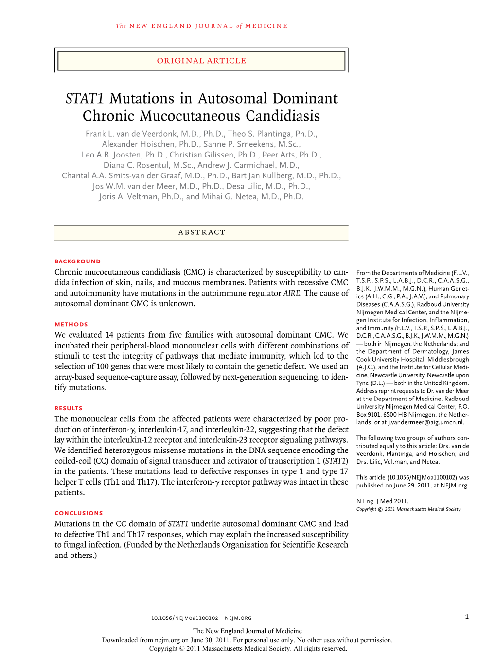 STAT1 Mutations in Autosomal Dominant Chronic Mucocutaneous Candidiasis Frank L