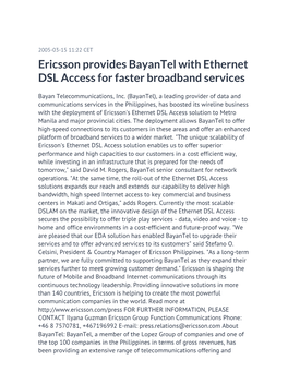 Ericsson Provides Bayantel with Ethernet DSL Access for Faster Broadband Services
