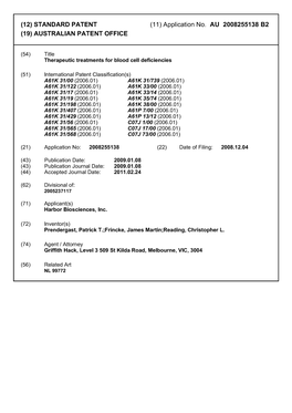 (12) STANDARD PATENT (11) Application No. AU 2008255138 B2 (19) AUSTRALIAN PATENT OFFICE