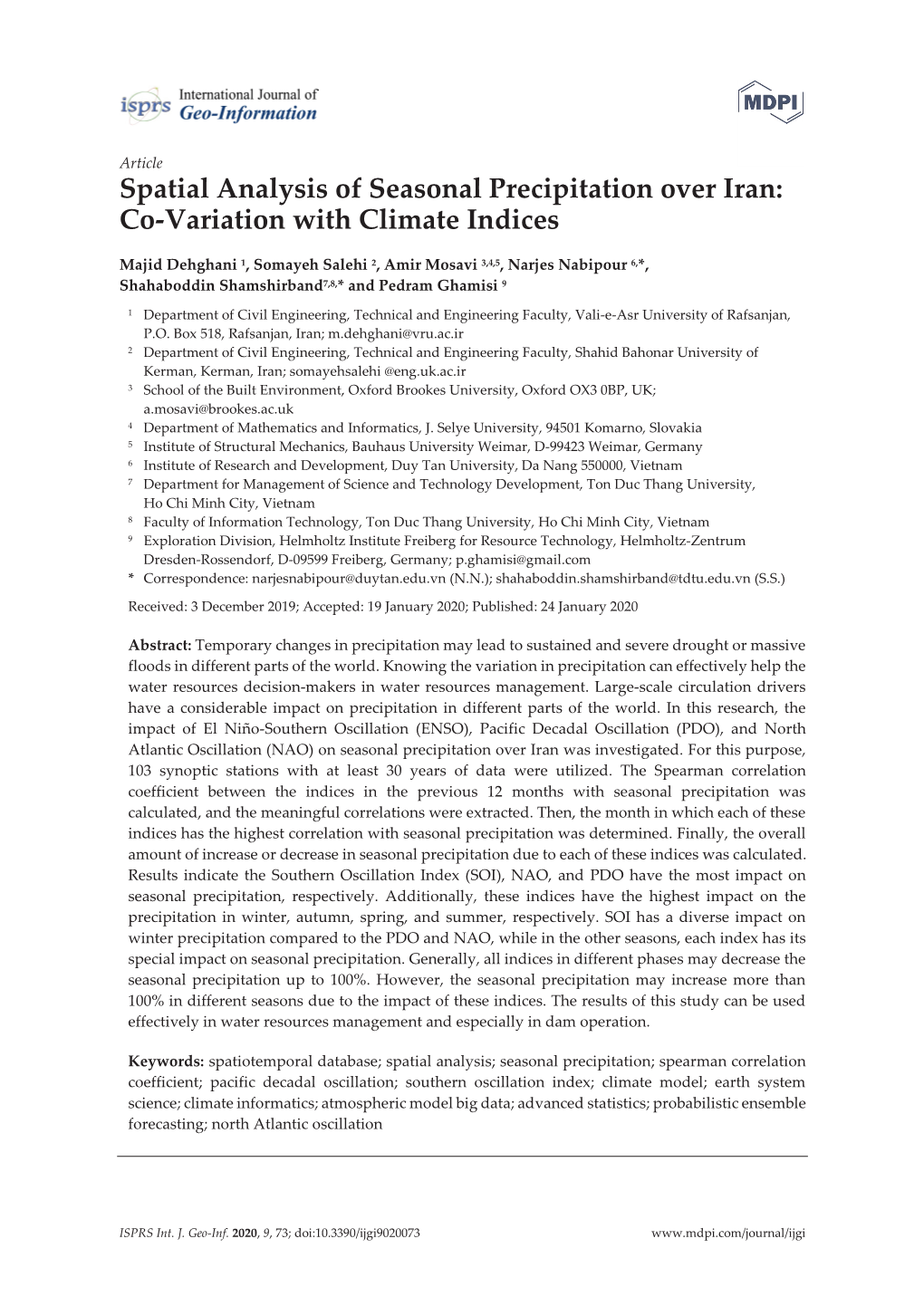 Spatial Analysis of Seasonal Precipitation Over Iran: Co-Variation with Climate Indices