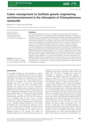 Codon Reassignment to Facilitate Genetic Engineering and Biocontainment in the Chloroplast of Chlamydomonas Reinhardtii