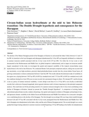 Circum-Indian Ocean Hydroclimate at the Mid to Late Holocene Transition: the Double Drought Hypothesis and Consequences for the Harappan Nick Scroxton1,2,3, Stephen J