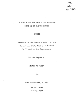 THESIS for the Degree of MASTER of MUSIC by Mary Nan Hudgins, B. Mus. January, 1956
