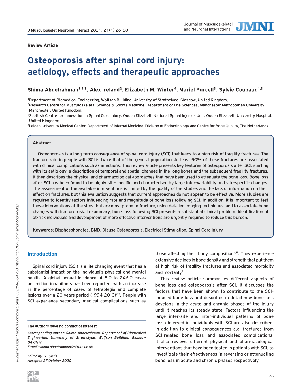 Osteoporosis After Spinal Cord Injury: Aetiology, Effects and Therapeutic Approaches