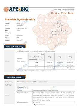 Etazolate Hydrochloride Product Data Sheet