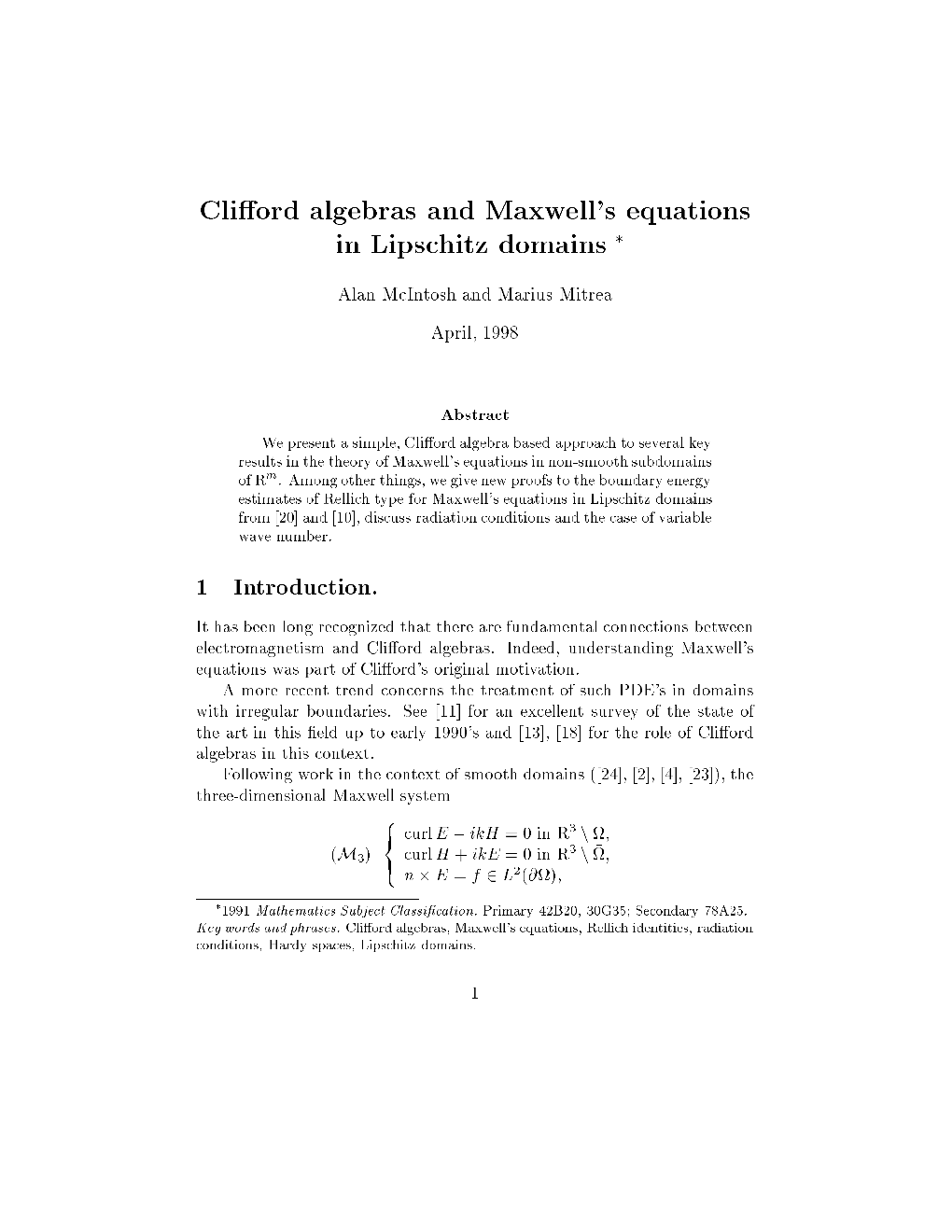 Clifford Algebras and Maxwell's Equations in Lipschitz Domains *