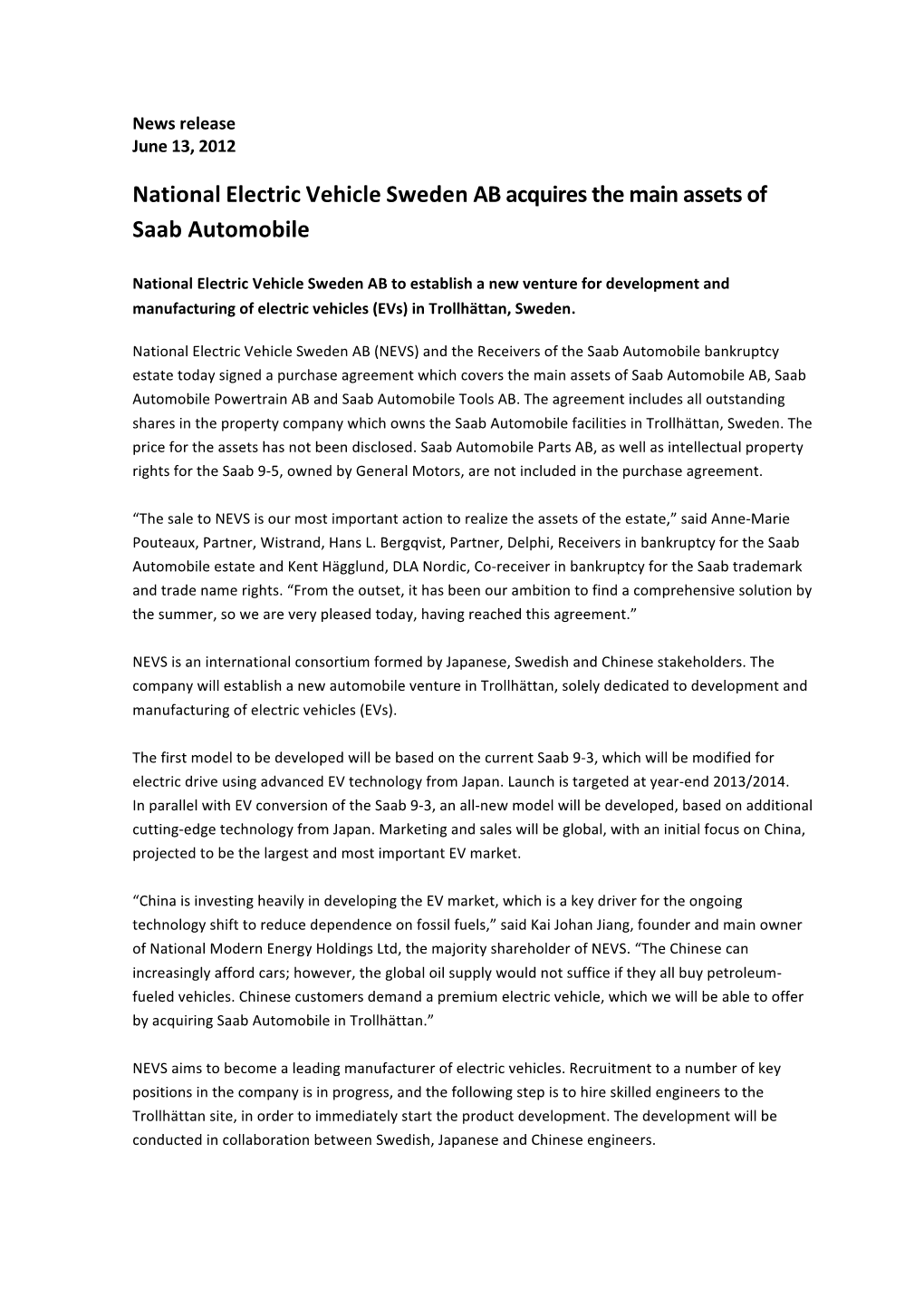 News Release National Electric Vehicle Sweden AB Acquires The