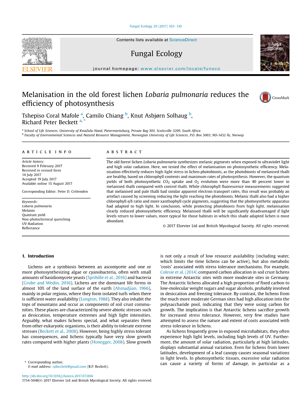 Melanisation in the Old Forest Lichen Lobaria Pulmonaria Reduces the Efﬁciency of Photosynthesis