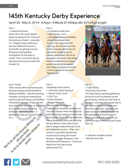 Kentucky Derby Experience April 30 - May 5, 2019 - 6 Days - 8 Meals $1450Pp Dbl $2125Pp Single