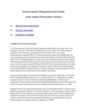 Invasive Species Management and Control: Avian Malaria (Plasmodium Relictum)
