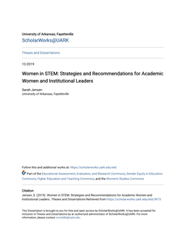 Women in STEM: Strategies and Recommendations for Academic Women and Institutional Leaders