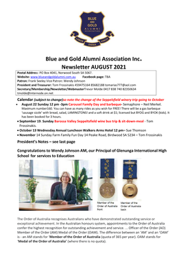 Blue and Gold Alumni Association Inc. Newsletter AUGUST 2021 Postal Address: PO Box 4041, Norwood South SA 5067