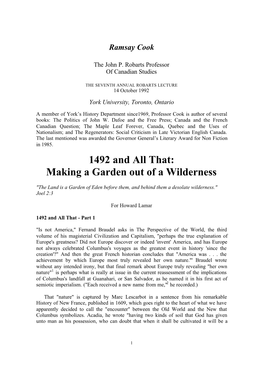 1492 and All That: Making a Garden out of a Wilderness