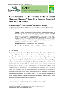 Characterization of the Volcanic Rocks of Mount Sinabung, Simacem Village, Karo Regency, Conducted with XRD, SEM-EDX