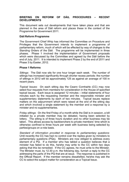 Briefing on Reform of Dáil Procedures in the Irish Parliament