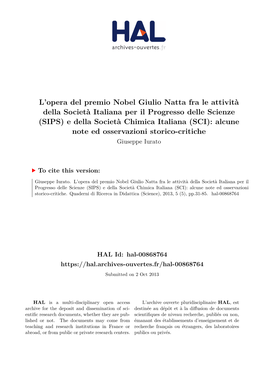 L'opera Del Premio Nobel Giulio Natta Fra Le Attività