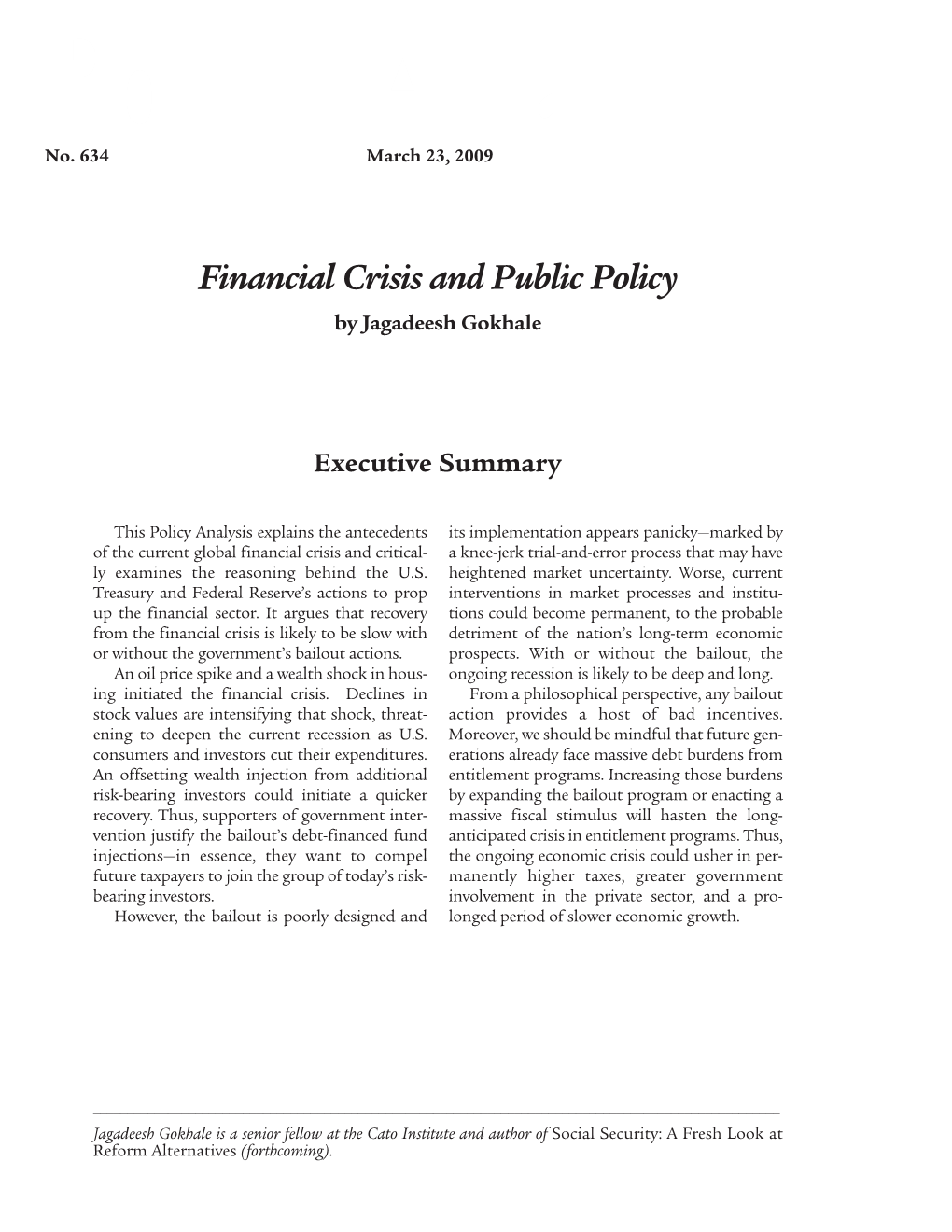 Financial Crisis and Public Policy by Jagadeesh Gokhale