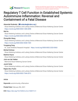 Regulatory T Cell Function in Established Systemic Autoimmune In�Ammation: Reversal and Containment of a Fatal Disease