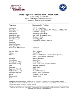 Vegetable Varieties for El Paso County by Bill Hodge and Bill Mead Texas A&M Agrilife Extension Service El Paso County Master Gardeners