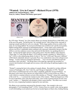 “Wanted: Live in Concert”--Richard Pryor (1978) Added to the National Registry: 2016 Essay by Audrey Thomas Mccluskey (Guest Post)*