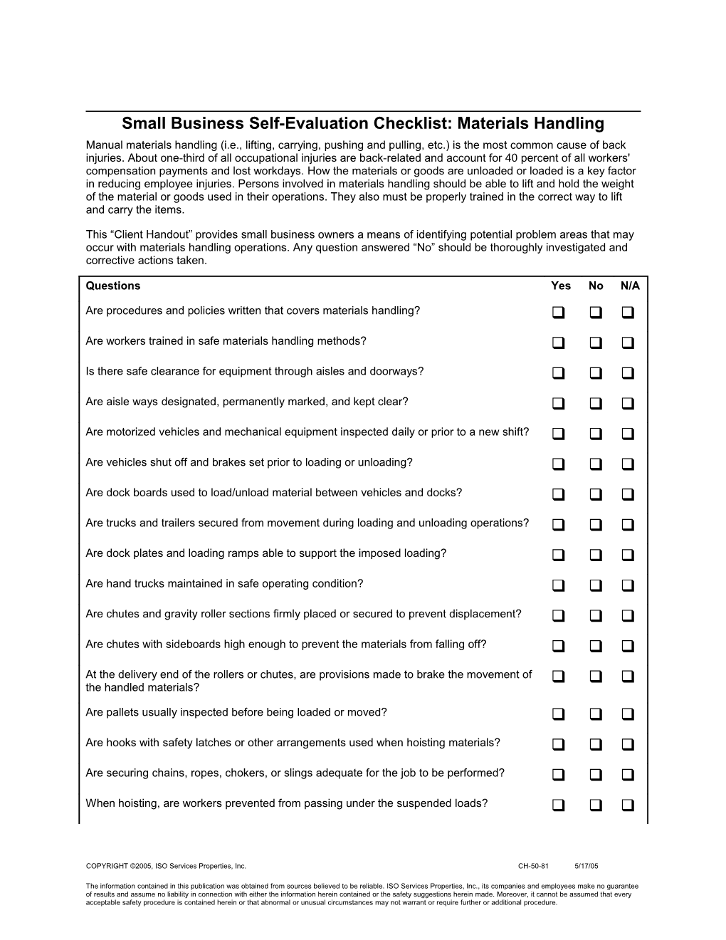 Small Business Self-Evaluation Checklist: Materials Handling