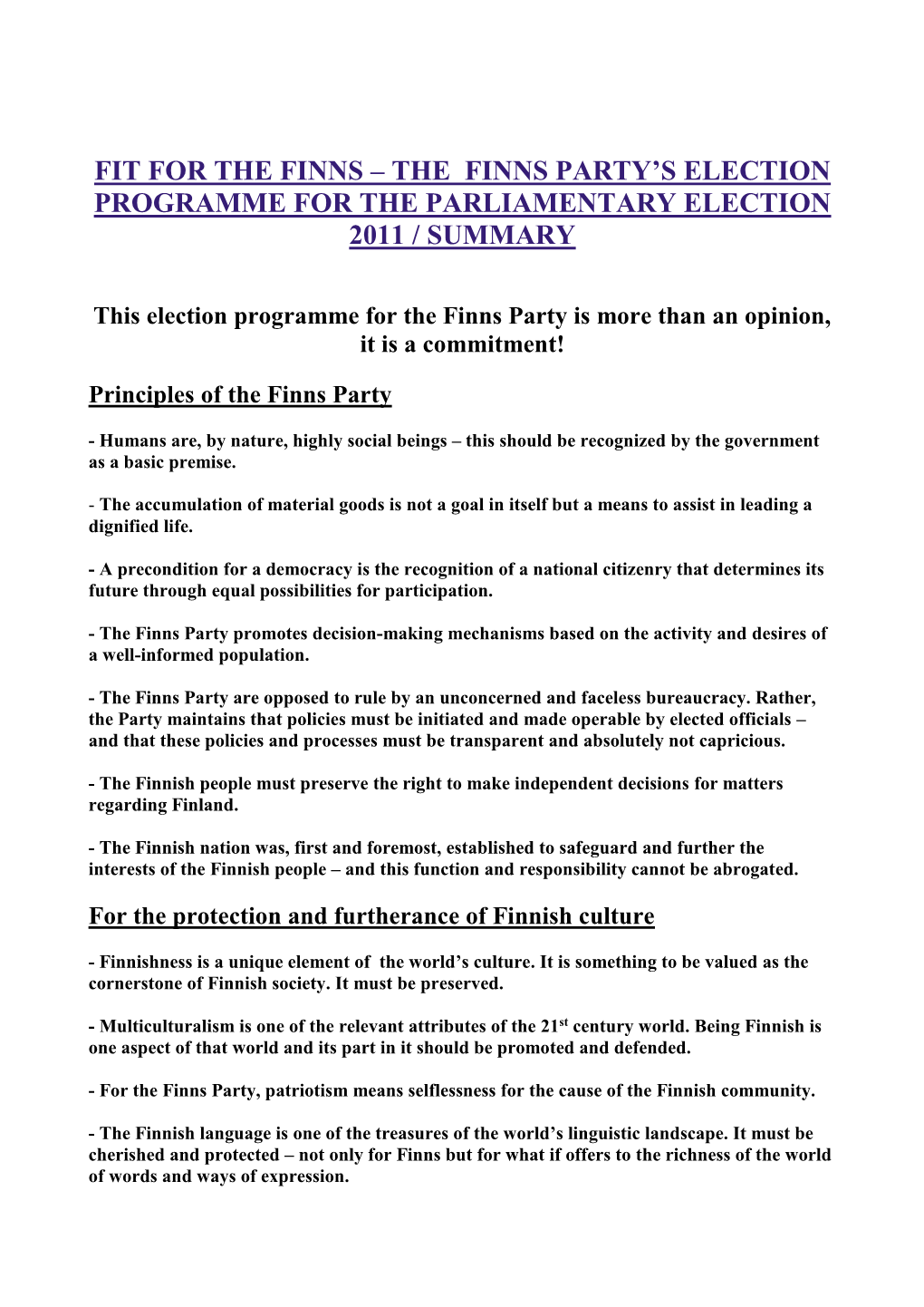 The Finns Party's Election Programme for the Parliamentary Election 2011