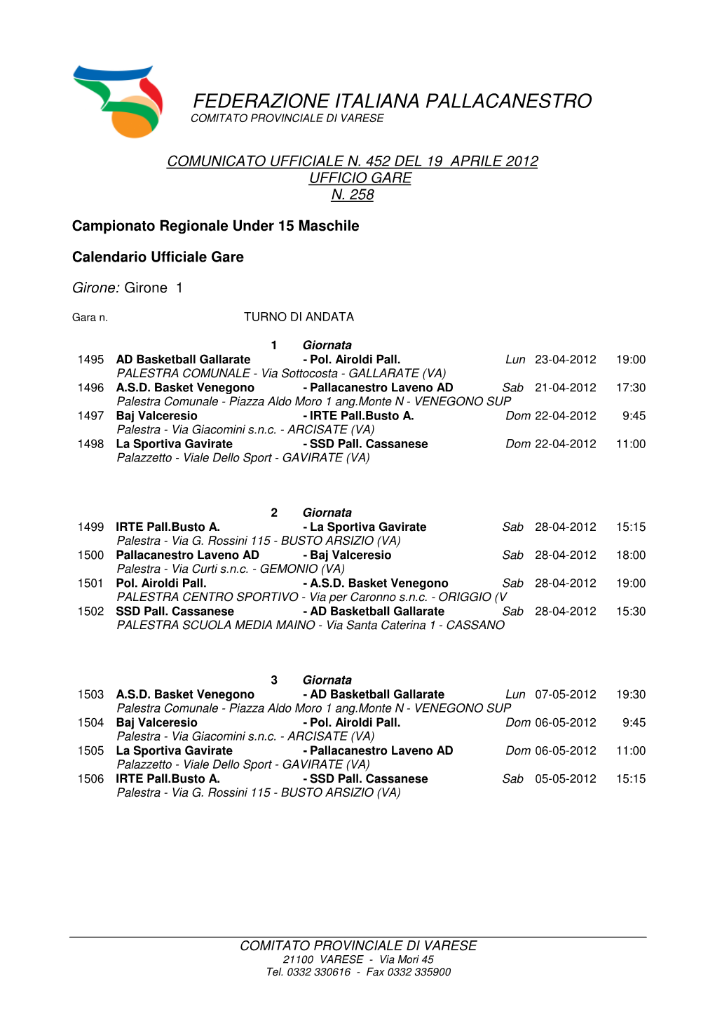 Federazione Italiana Pallacanestro Comitato Provinciale Di Varese