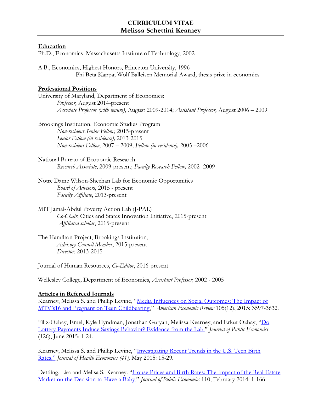 CURRICULUM VITAE Melissa Schettini Kearney - DocsLib