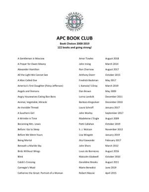 APC BOOK CLUB Book Choices 2008-2019 122 Books and Going Strong!
